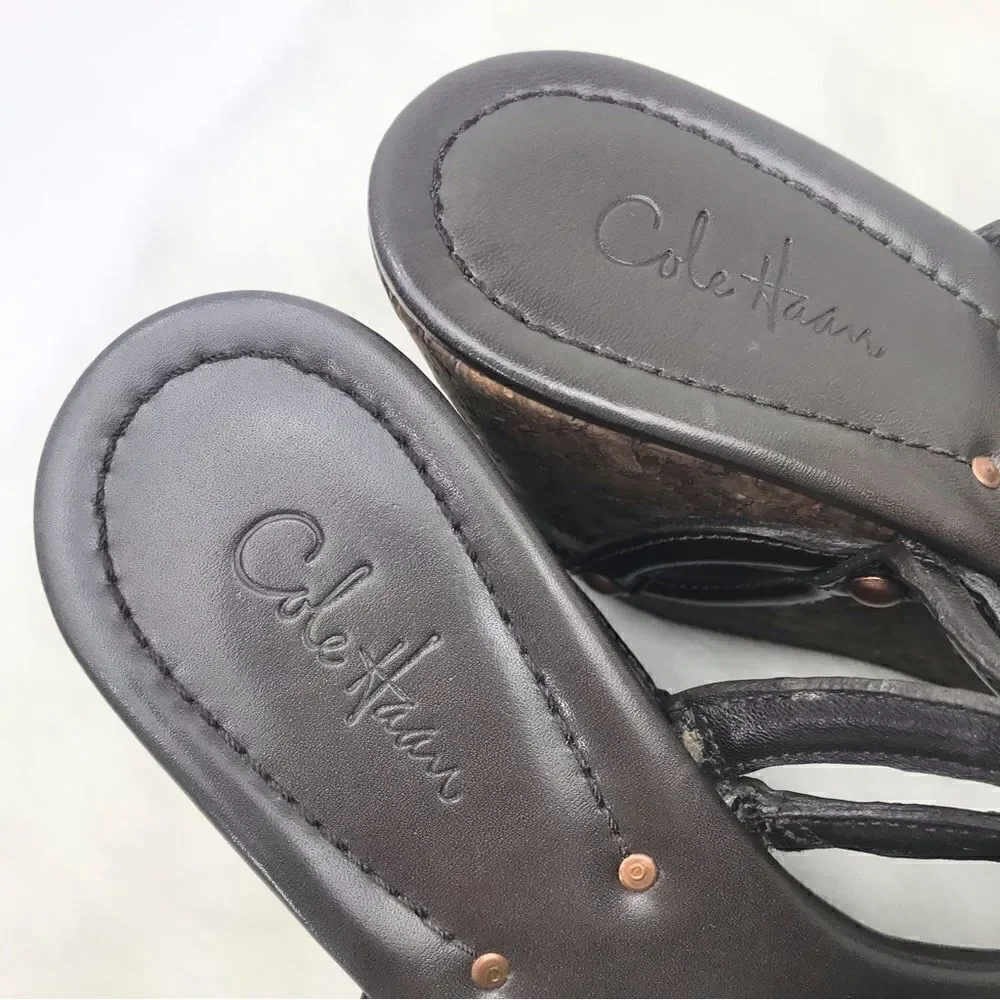 Cole Haan Brown  Medallion Keyhole Strappy Chunky Cork Wedge Retro Sandals